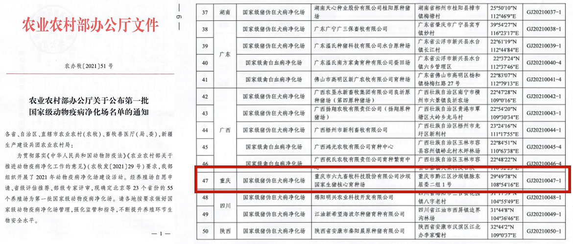 69畜牧成功入選“國(guó)家級(jí)豬偽狂犬病凈化場(chǎng)”